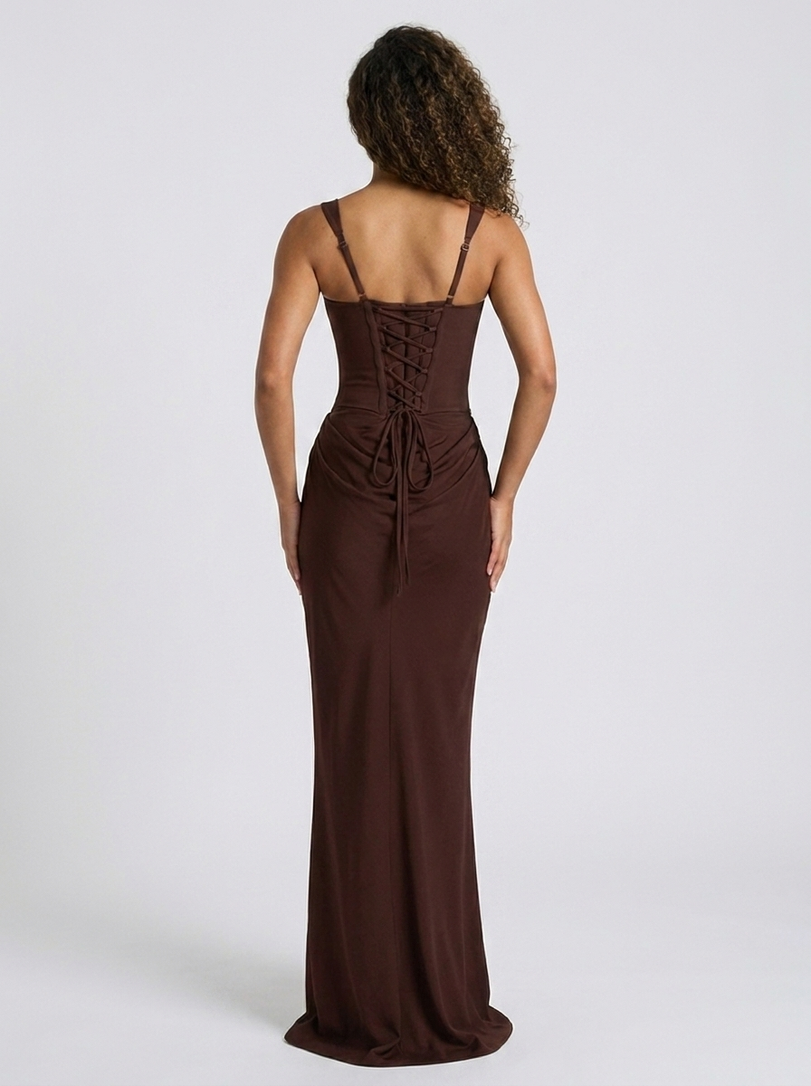 Women's Ruched Square Neck Lace-Up Maxi Dress - Chocolate Brown