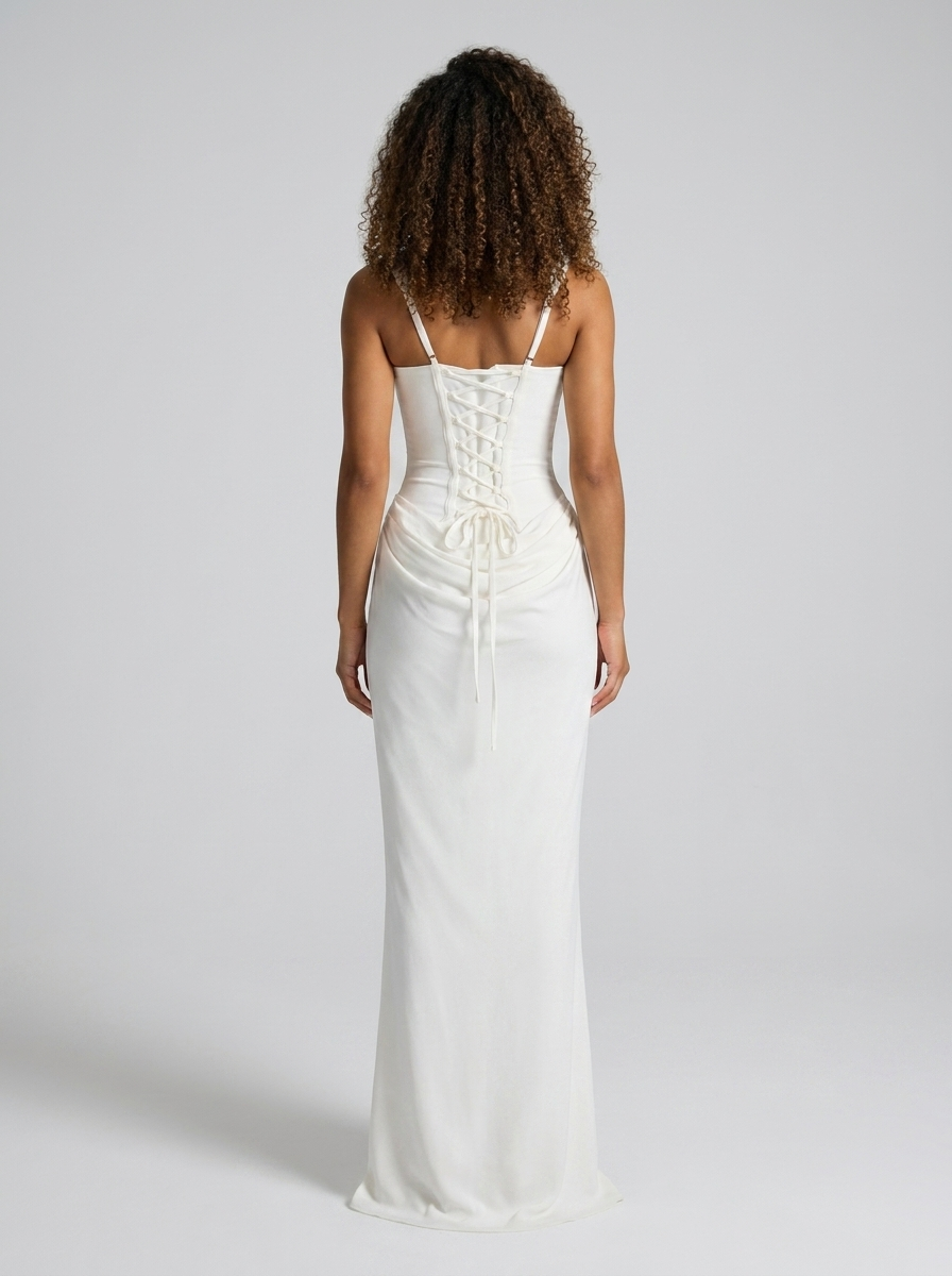 Women's Ruched Square Neck Lace-Up Maxi Dress - Ivory
