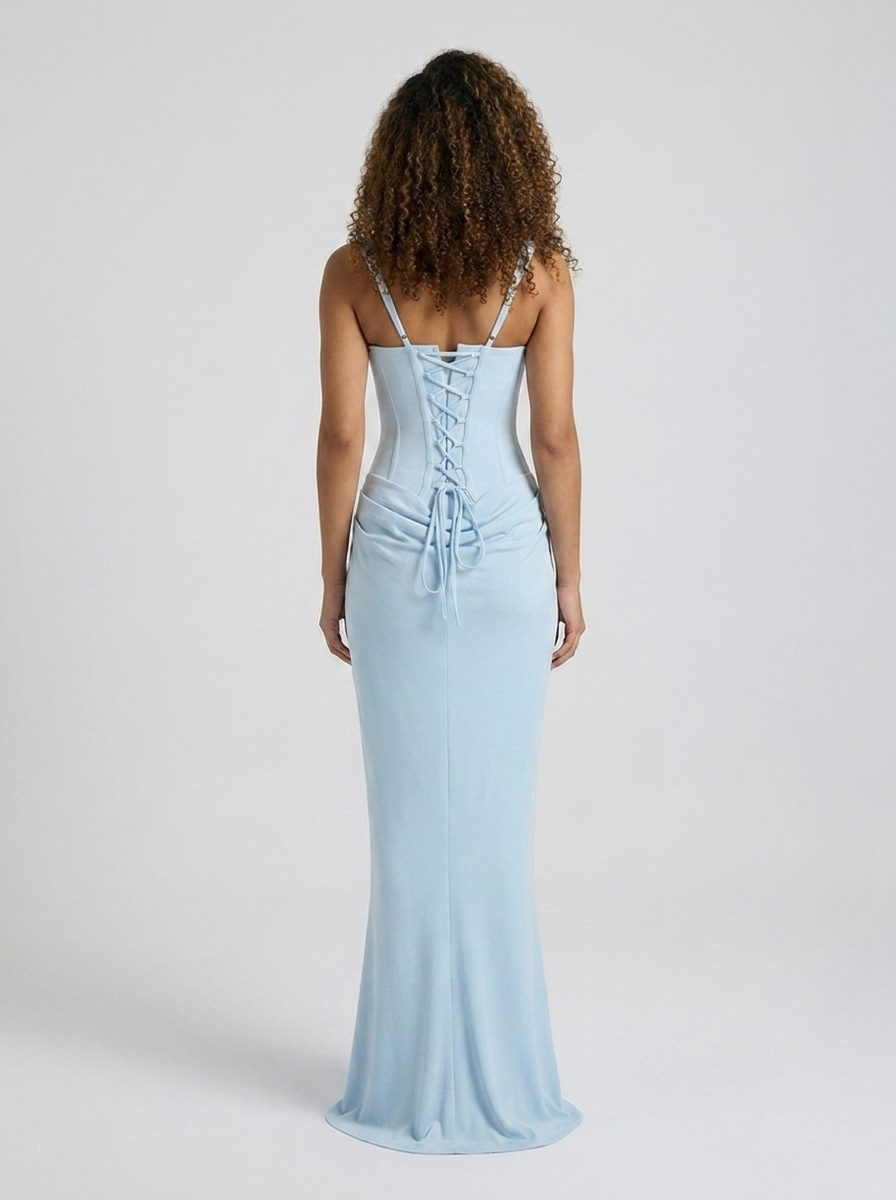 Women's Ruched Square Neck Lace-Up Maxi Dress - Sky Blue