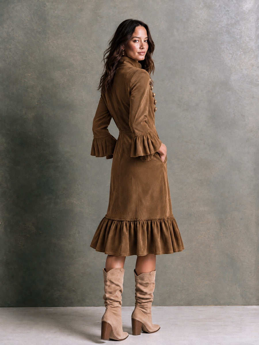 Women's Ruffle Hem Chestnut Brown Midi Dress - Chestnut Brown