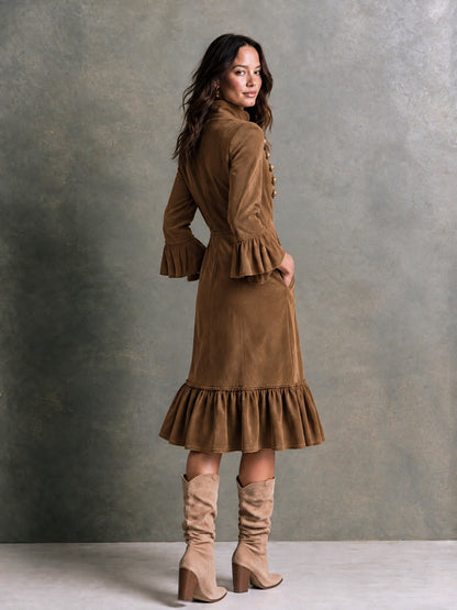 Women's Ruffle Hem Chestnut Brown Midi Dress - Chestnut Brown