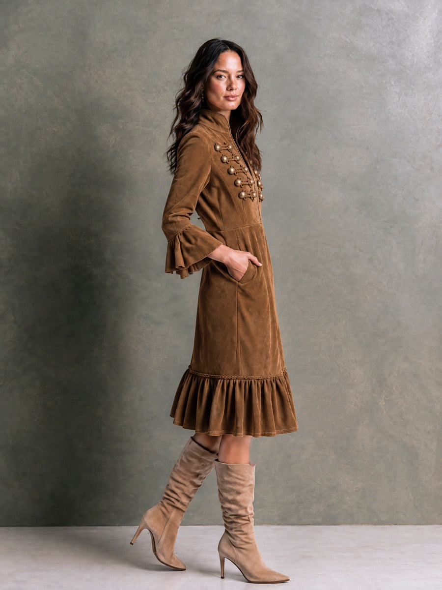 Women's Ruffle Hem Chestnut Brown Midi Dress - Chestnut Brown