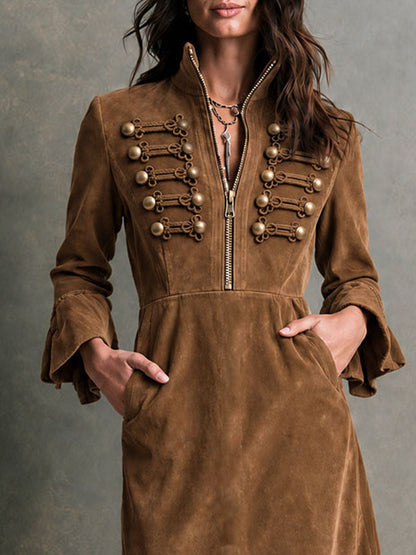 Women's Ruffle Hem Chestnut Brown Midi Dress - Chestnut Brown