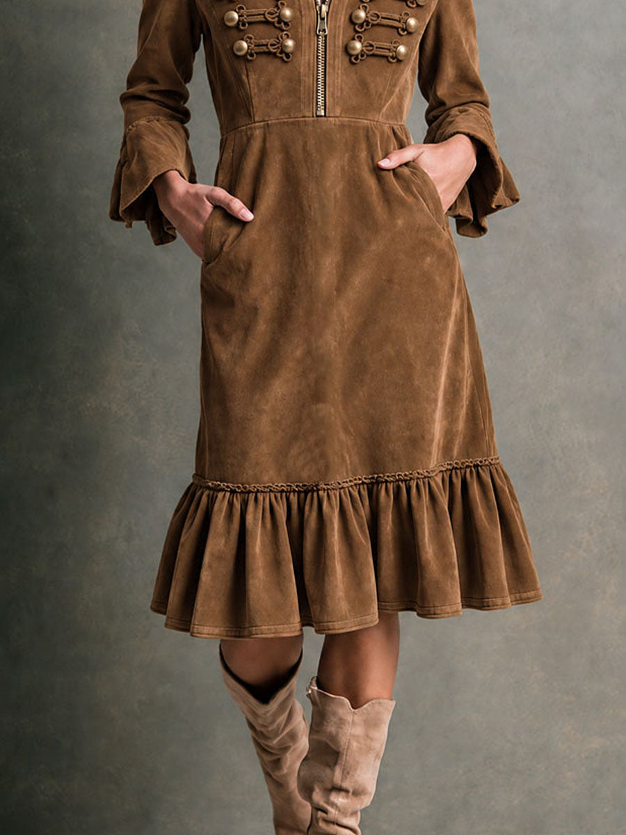 Women's Ruffle Hem Chestnut Brown Midi Dress - Chestnut Brown