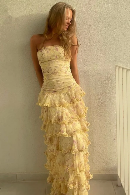 Women's Ruffled Tiered Formal Maxi Dress - Yellow