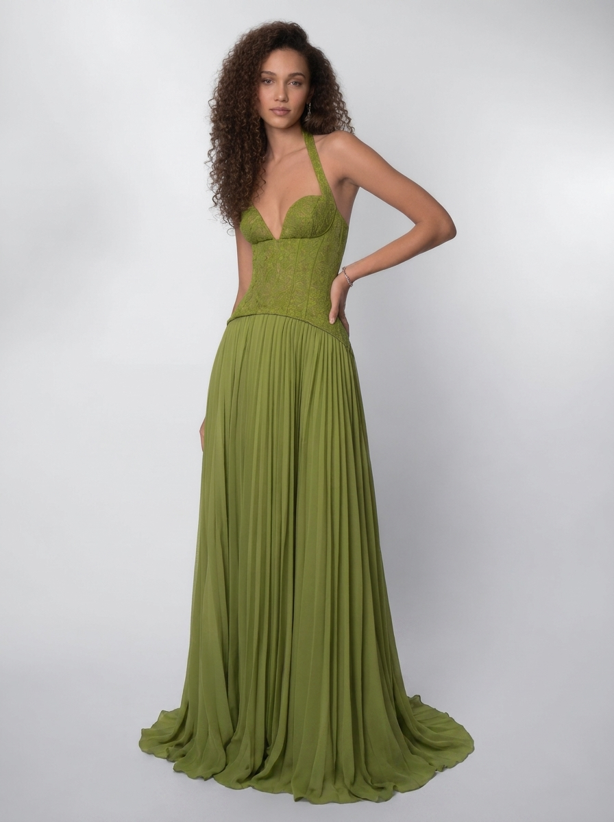 Women's Sage Green Halter Lace Corset Formal Maxi Dress - Sage Green