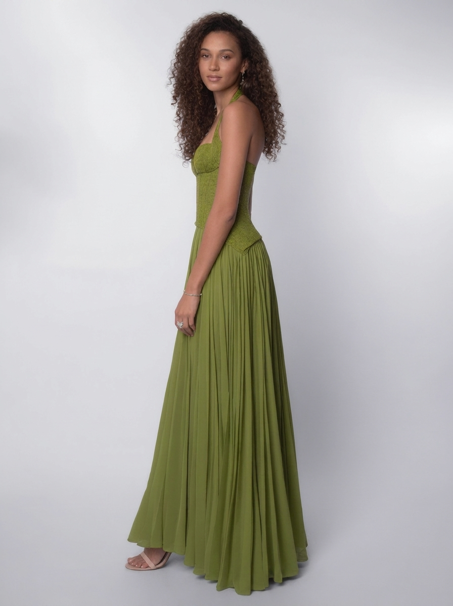 Women's Sage Green Halter Lace Corset Formal Maxi Dress - Sage Green