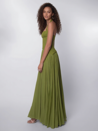 Women's Sage Green Halter Lace Corset Formal Maxi Dress - Sage Green