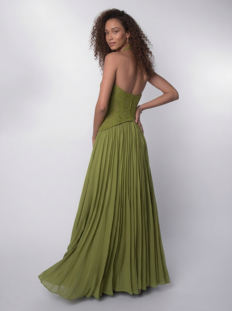 Women's Sage Green Halter Lace Corset Formal Maxi Dress - Sage Green