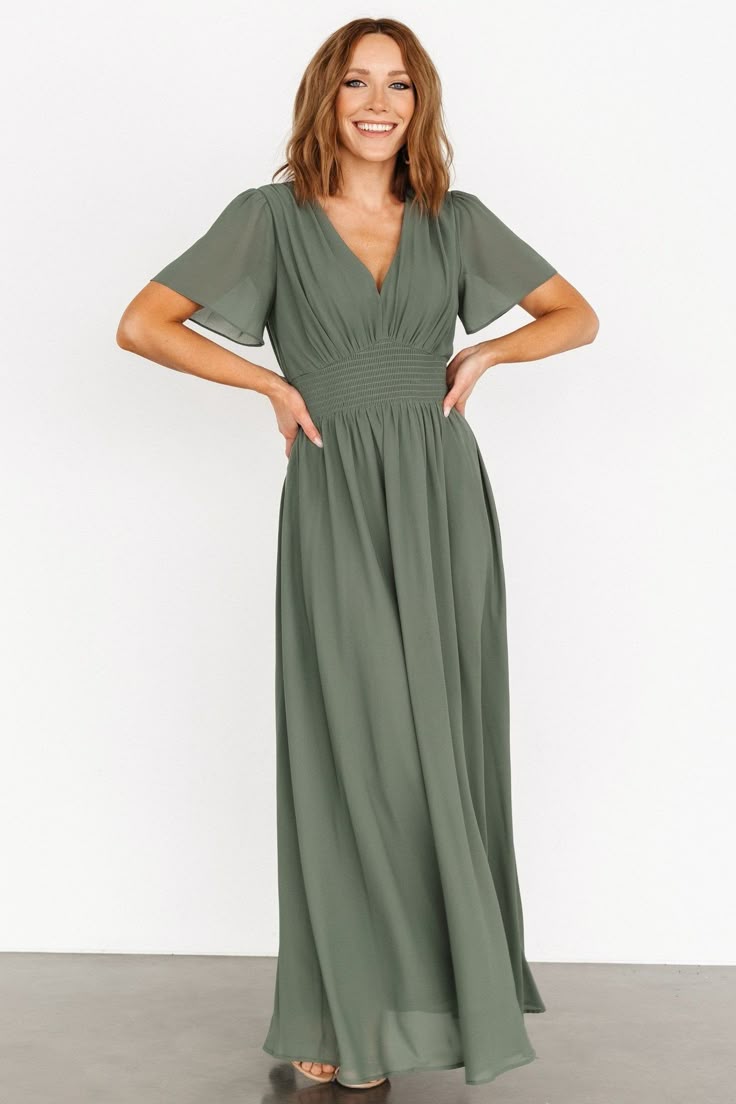 Women's Sage V-Neck Flutter Sleeve Maxi Dress - Sage