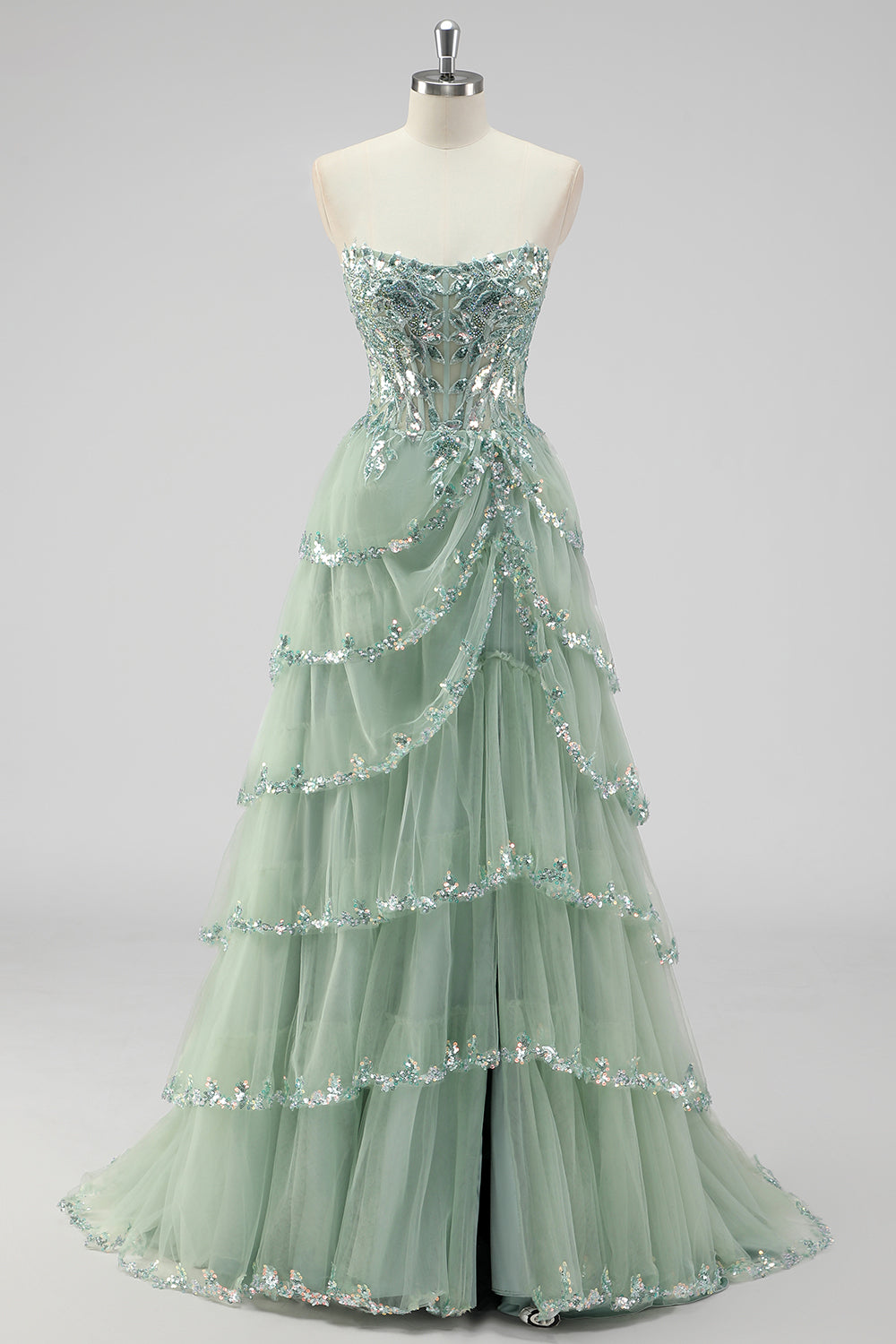 Women's Sequin Corset Tiered Prom Dress - Sage Green