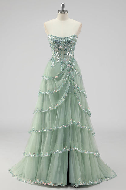 Women's Sequin Corset Tiered Prom Dress - Sage Green
