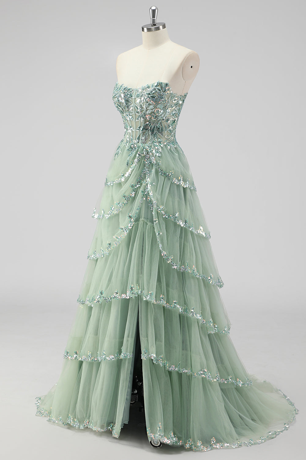 Women's Sequin Corset Tiered Prom Dress - Sage Green