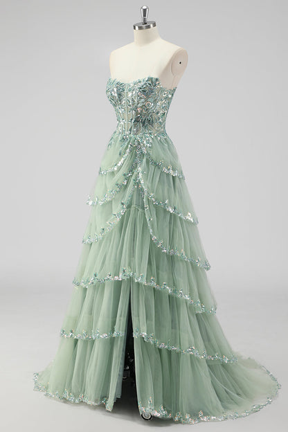Women's Sequin Corset Tiered Prom Dress - Sage Green