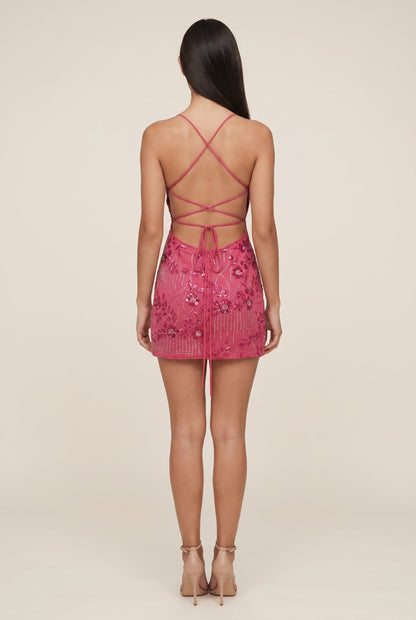 Women's Sequin Lace-Up Back Mini Dress - Fuchsia