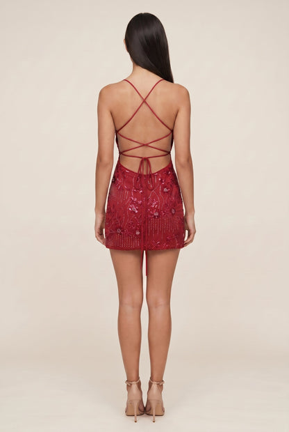 Women's Sequin Lace-Up Back Mini Dress - Ruby Red