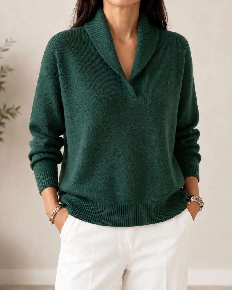 Women's Shawl Collar V-Neck Knit Sweater - Green