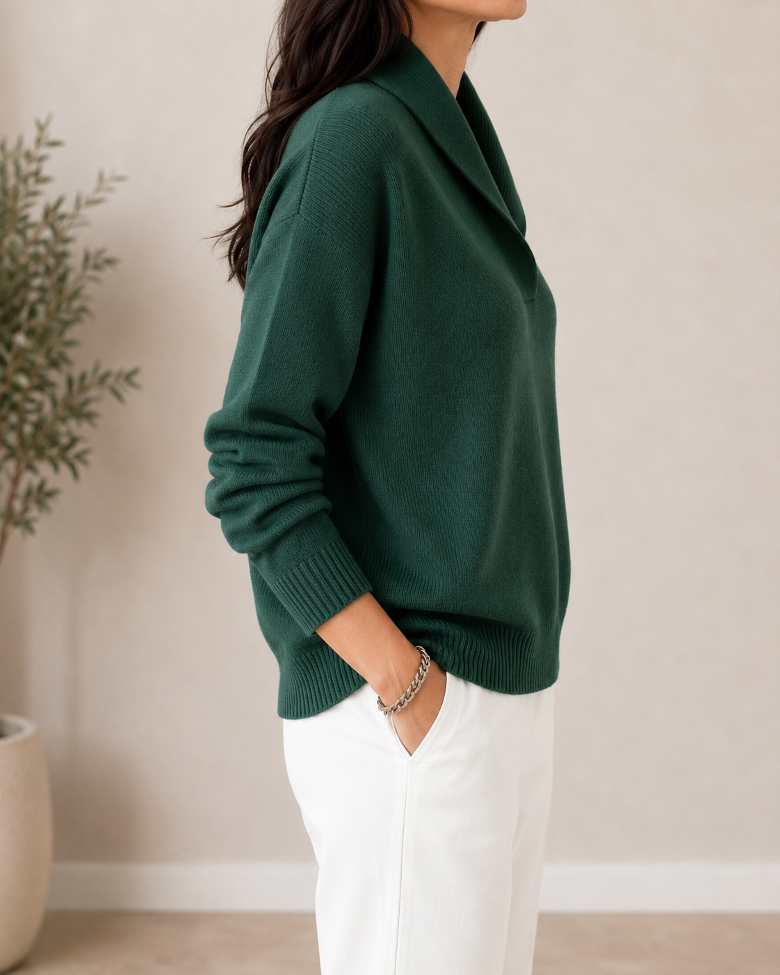 Women's Shawl Collar V-Neck Knit Sweater - Green