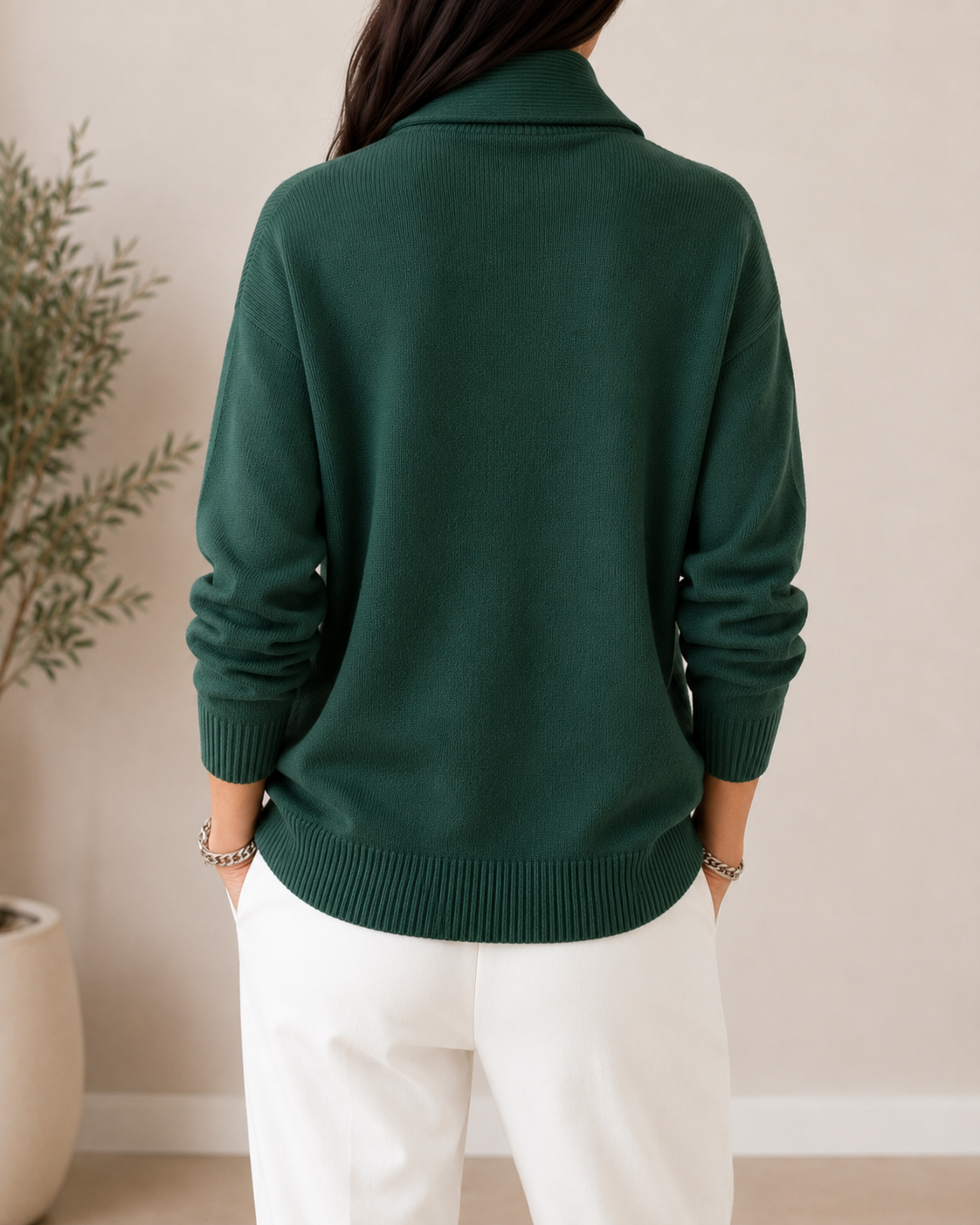 Women's Shawl Collar V-Neck Knit Sweater - Green