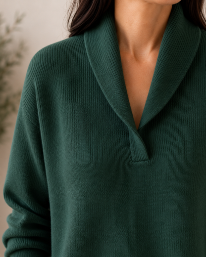 Women's Shawl Collar V-Neck Knit Sweater - Green