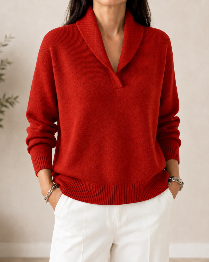 Women's Shawl Collar V-Neck Knit Sweater - Red