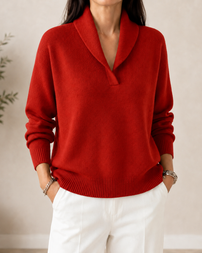 Women's Shawl Collar V-Neck Knit Sweater - Red