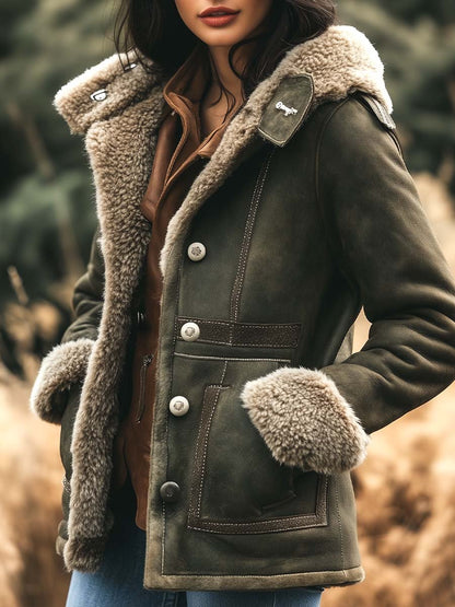 Women's Shearling-Style Trim Green Aviator Jacket - Green