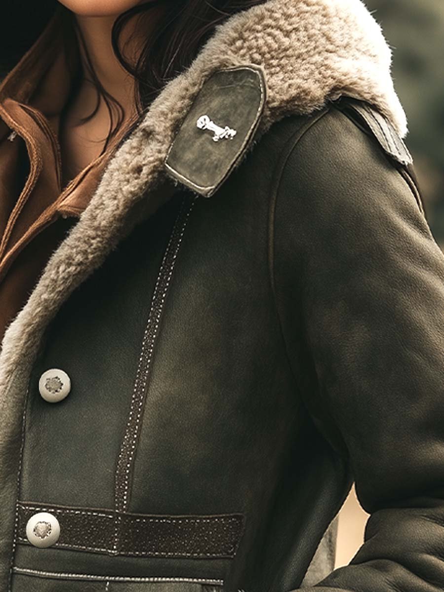 Women's Shearling-Style Trim Green Aviator Jacket - Green