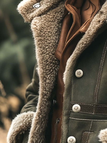 Women's Shearling-Style Trim Green Aviator Jacket - Green