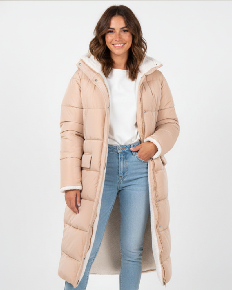 Women's Sherpa-Lined Hooded Puffer Coat - Beige