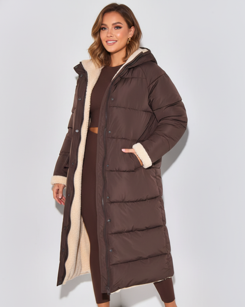 Women's Sherpa-Lined Hooded Puffer Coat - Brown