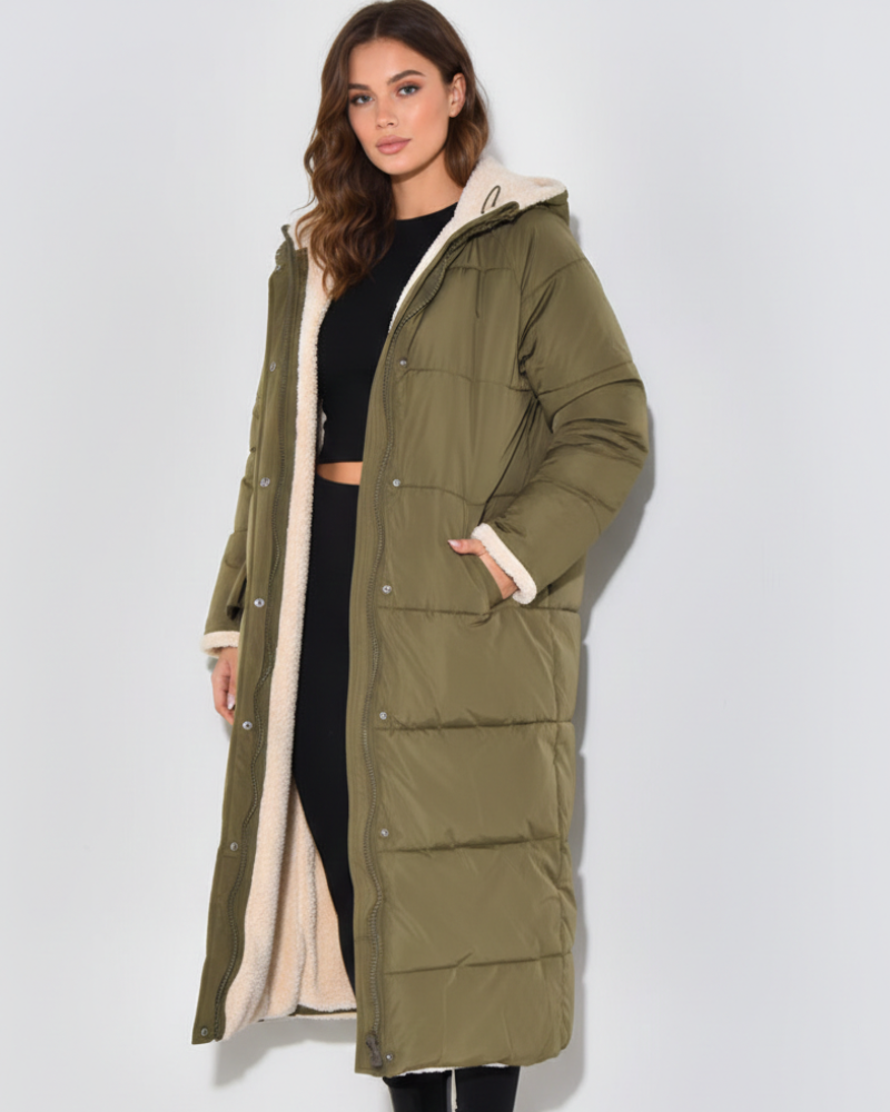 Women's Sherpa-Lined Hooded Puffer Coat - Olive Green