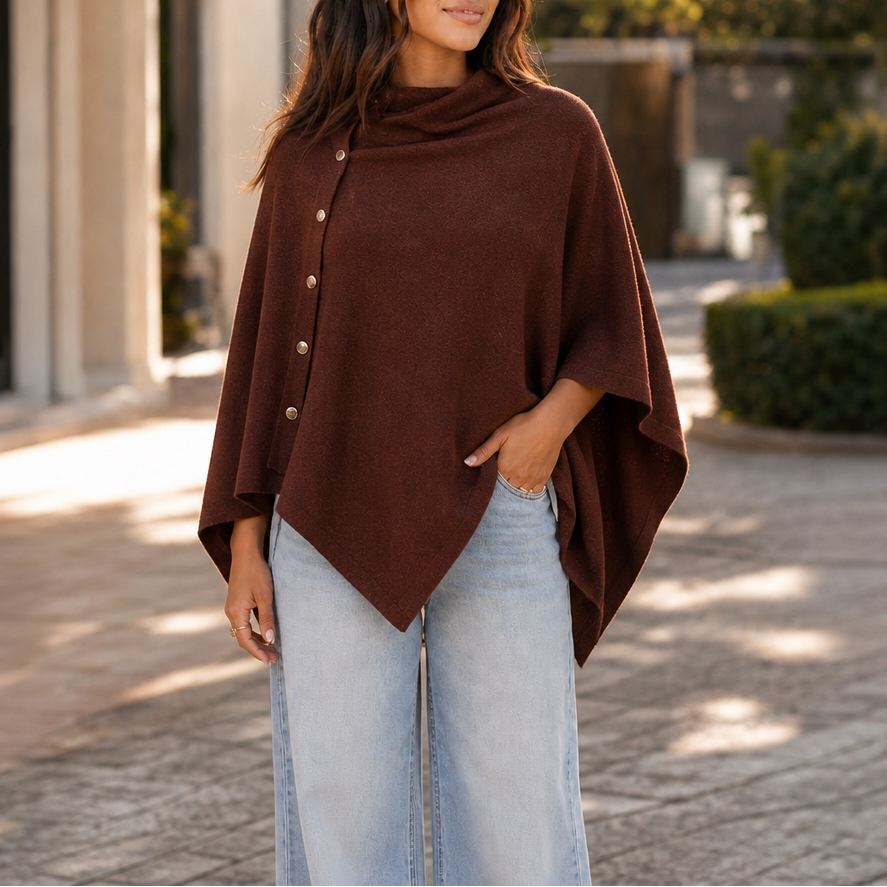 Women's Side-Button Knit Poncho Wrap Sweater - Brown