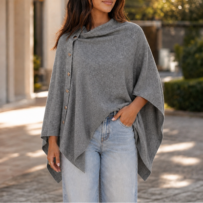 Women's Side-Button Knit Poncho Wrap Sweater - Gray