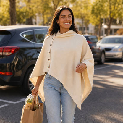 Women's Side-Button Knit Poncho Wrap Sweater - Ivory