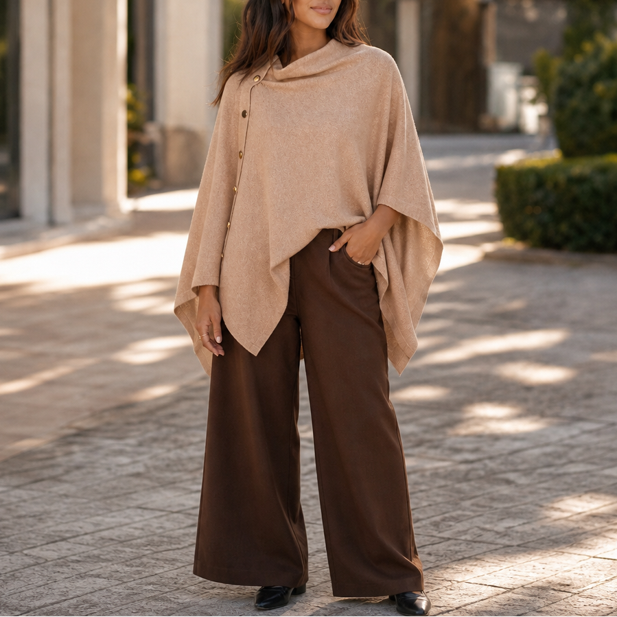 Women's Side-Button Knit Poncho Wrap Sweater - Khaki