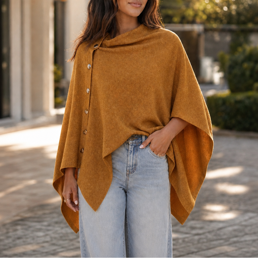 Women's Side-Button Knit Poncho Wrap Sweater - Mustard