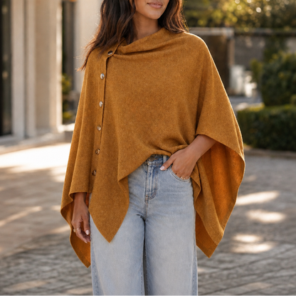 Women's Side-Button Knit Poncho Wrap Sweater - Mustard