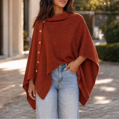 Women's Side-Button Knit Poncho Wrap Sweater - Rust