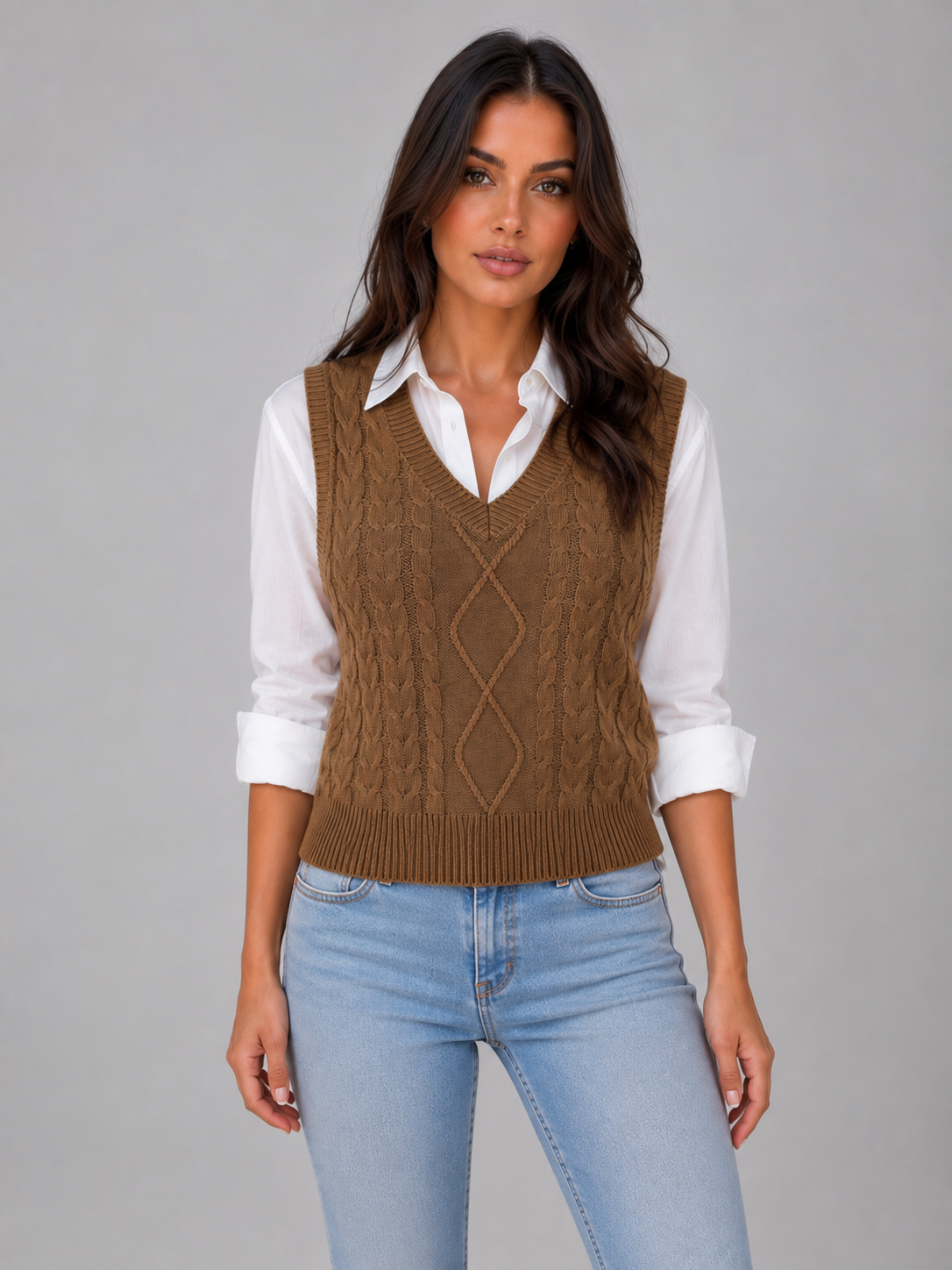 Women's Sleeveless Cable Knit V-Neck Sweater - Chocolate Brown