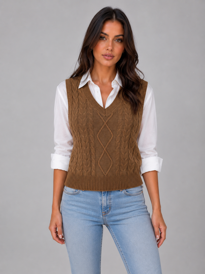 Women's Sleeveless Cable Knit V-Neck Sweater - Chocolate Brown