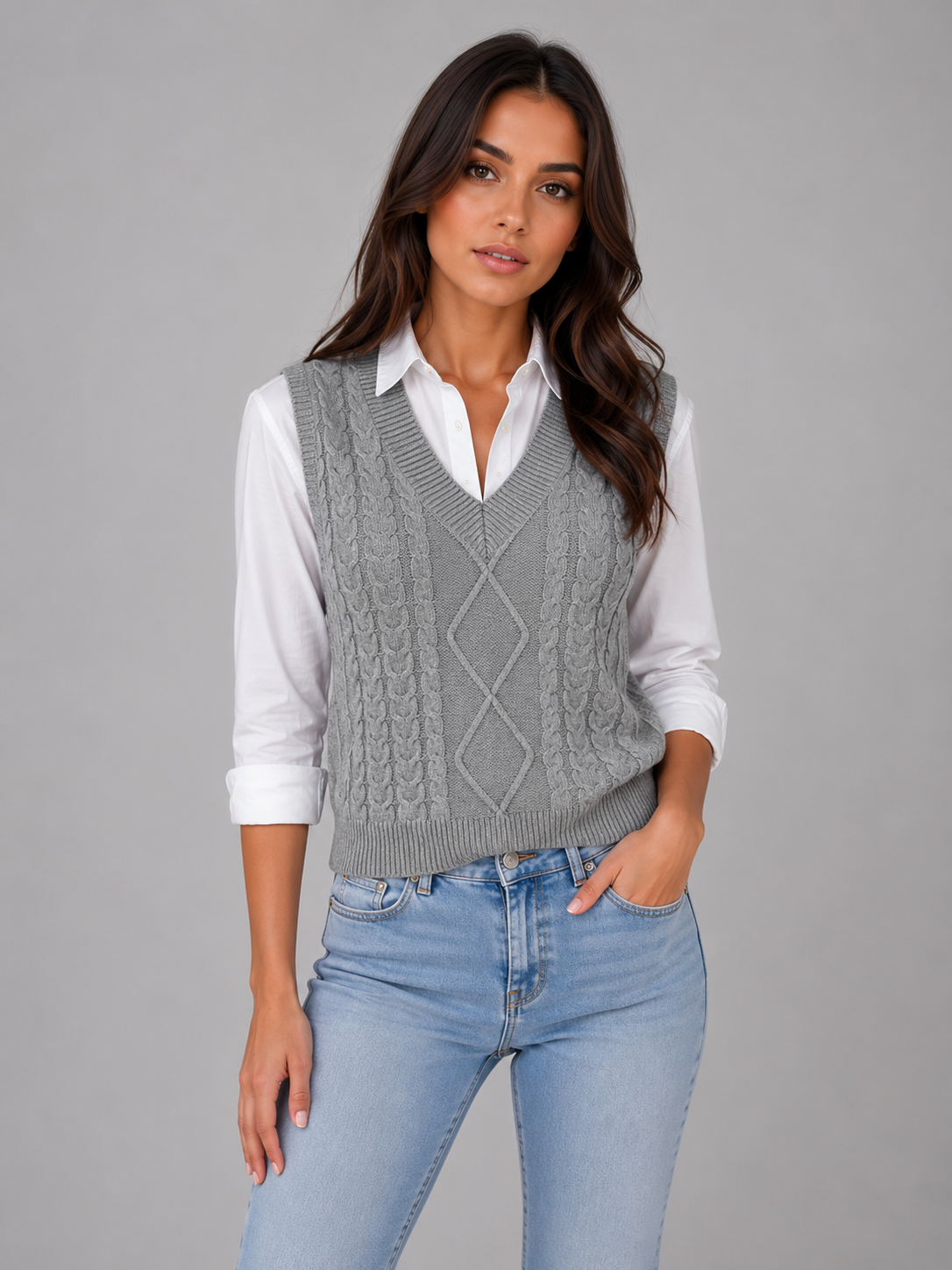 Women's Sleeveless Cable Knit V-Neck Sweater - Gray