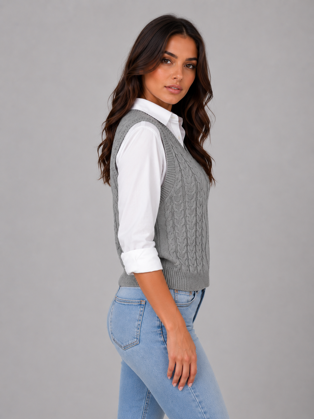 Women's Sleeveless Cable Knit V-Neck Sweater - Gray