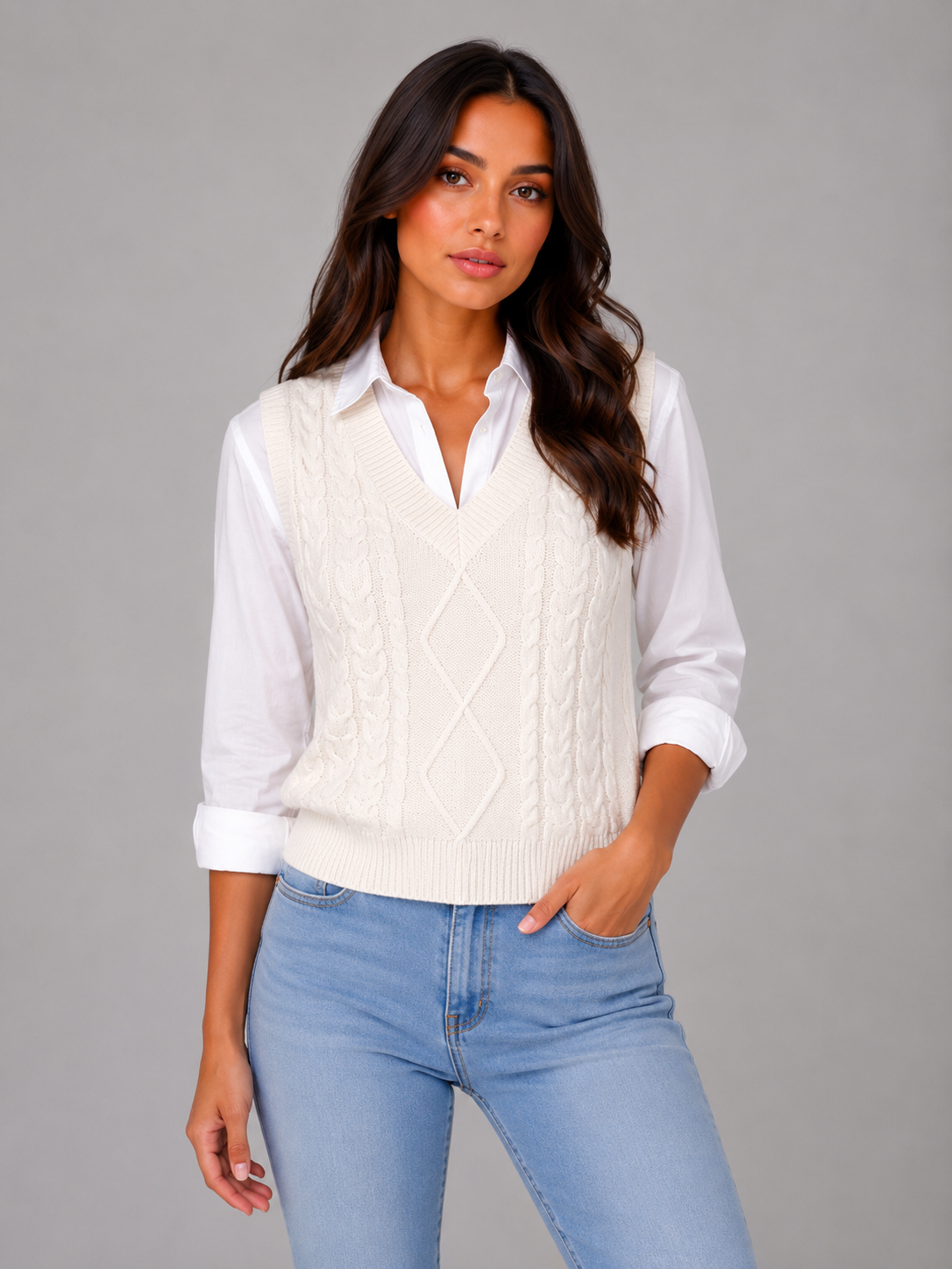 Women's Sleeveless Cable Knit V-Neck Sweater - Ivory
