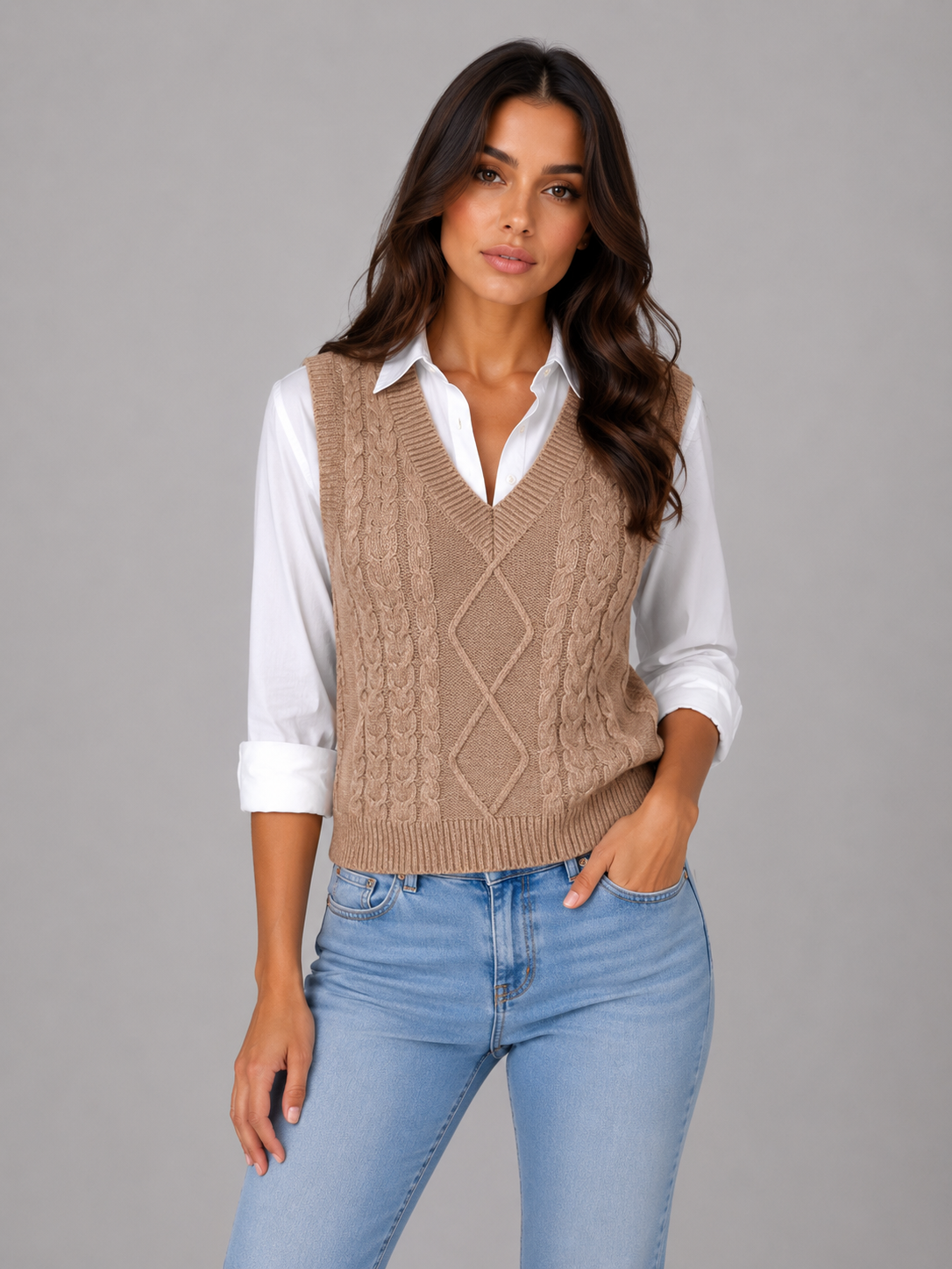 Women's Sleeveless Cable Knit V-Neck Sweater - Khaki