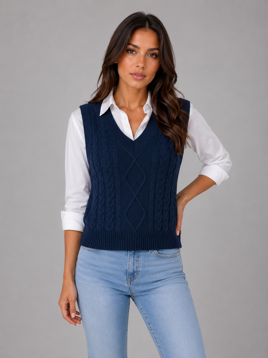 Women's Sleeveless Cable Knit V-Neck Sweater - Navy