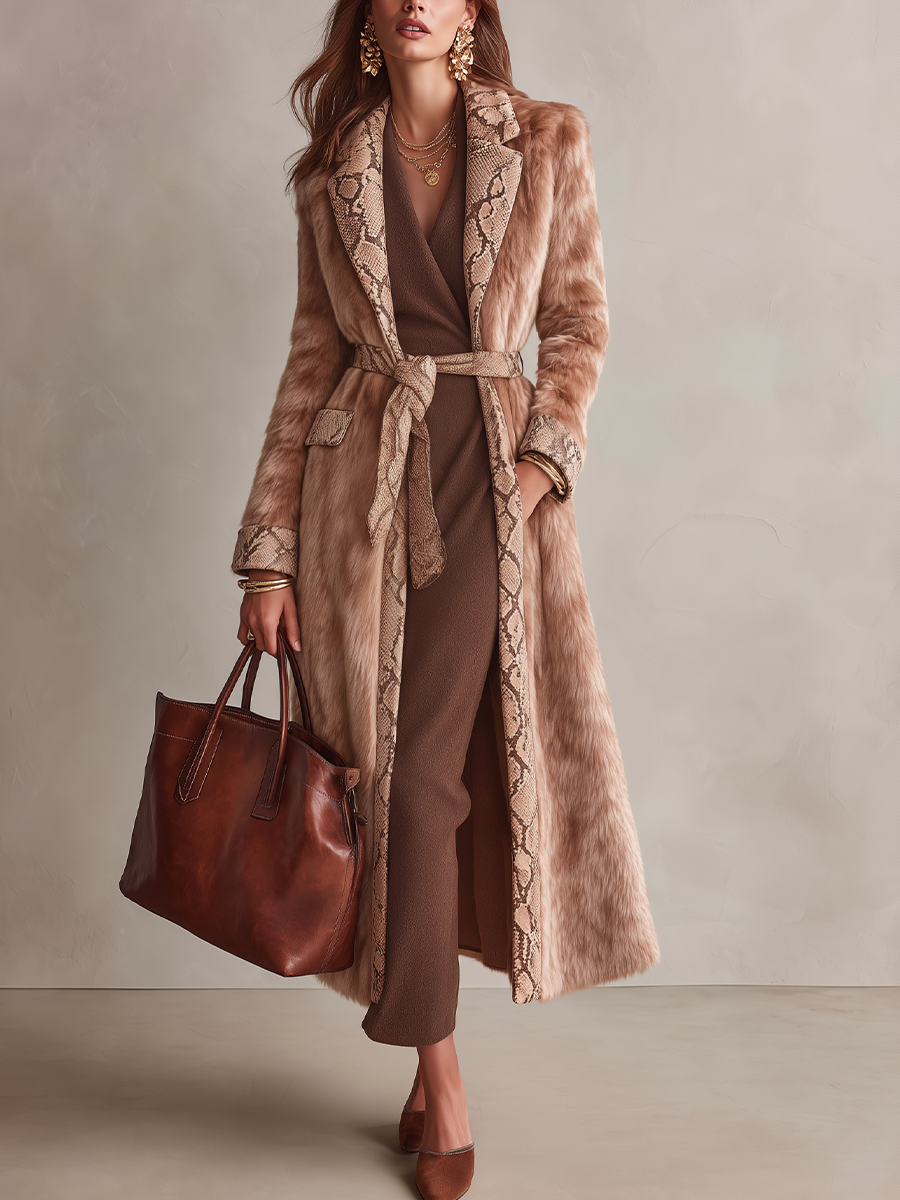 Women's Snakeskin-Inspired Trim Long Coat - Camel