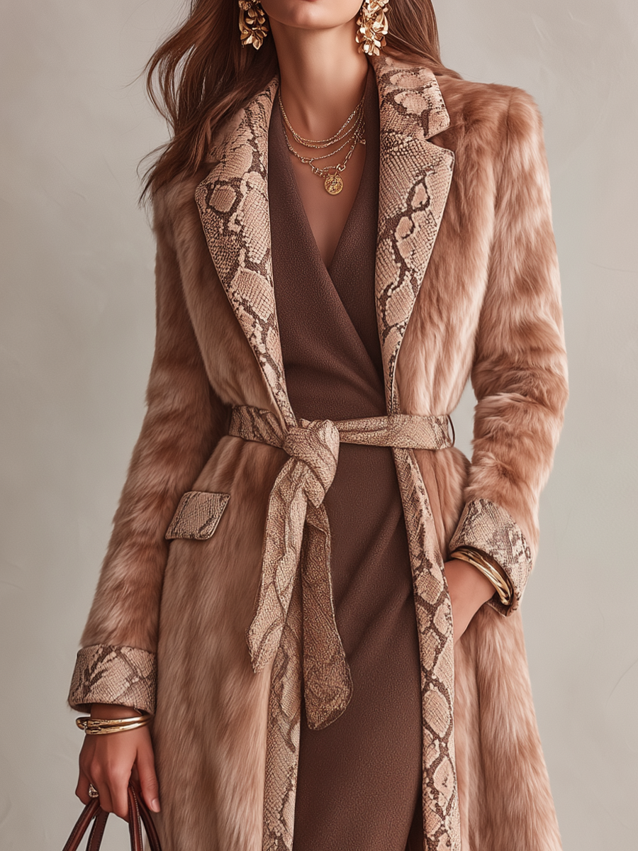 Women's Snakeskin-Inspired Trim Long Coat - Camel