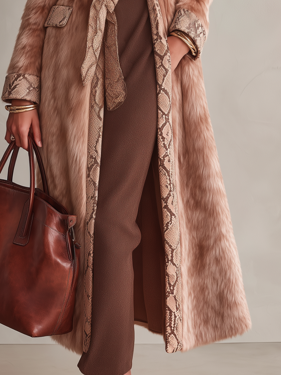Women's Snakeskin-Inspired Trim Long Coat - Camel