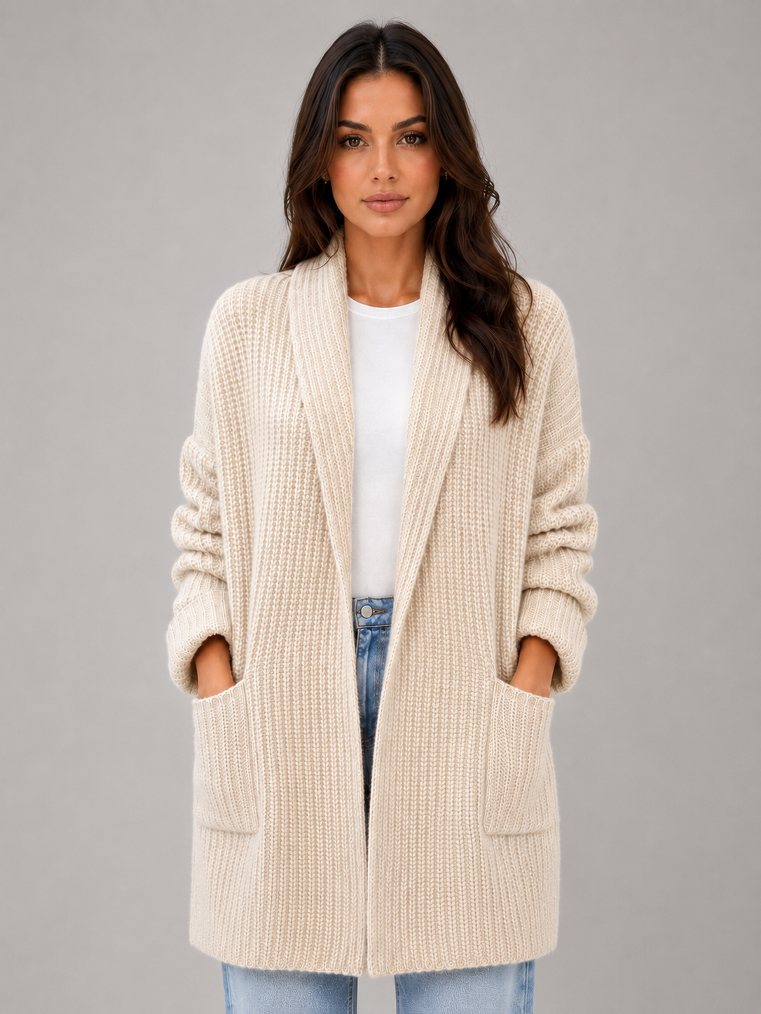 Women's Soft Knit Open Front Long Cardigan - Beige